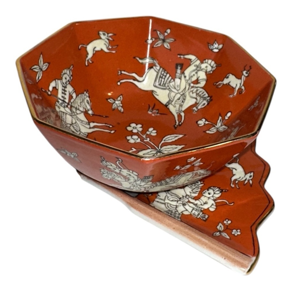 Japanese Kutani Ware porcelain Bowl Fan-Shaped Plate Set Horse Rider Design - Picture 2 of 11